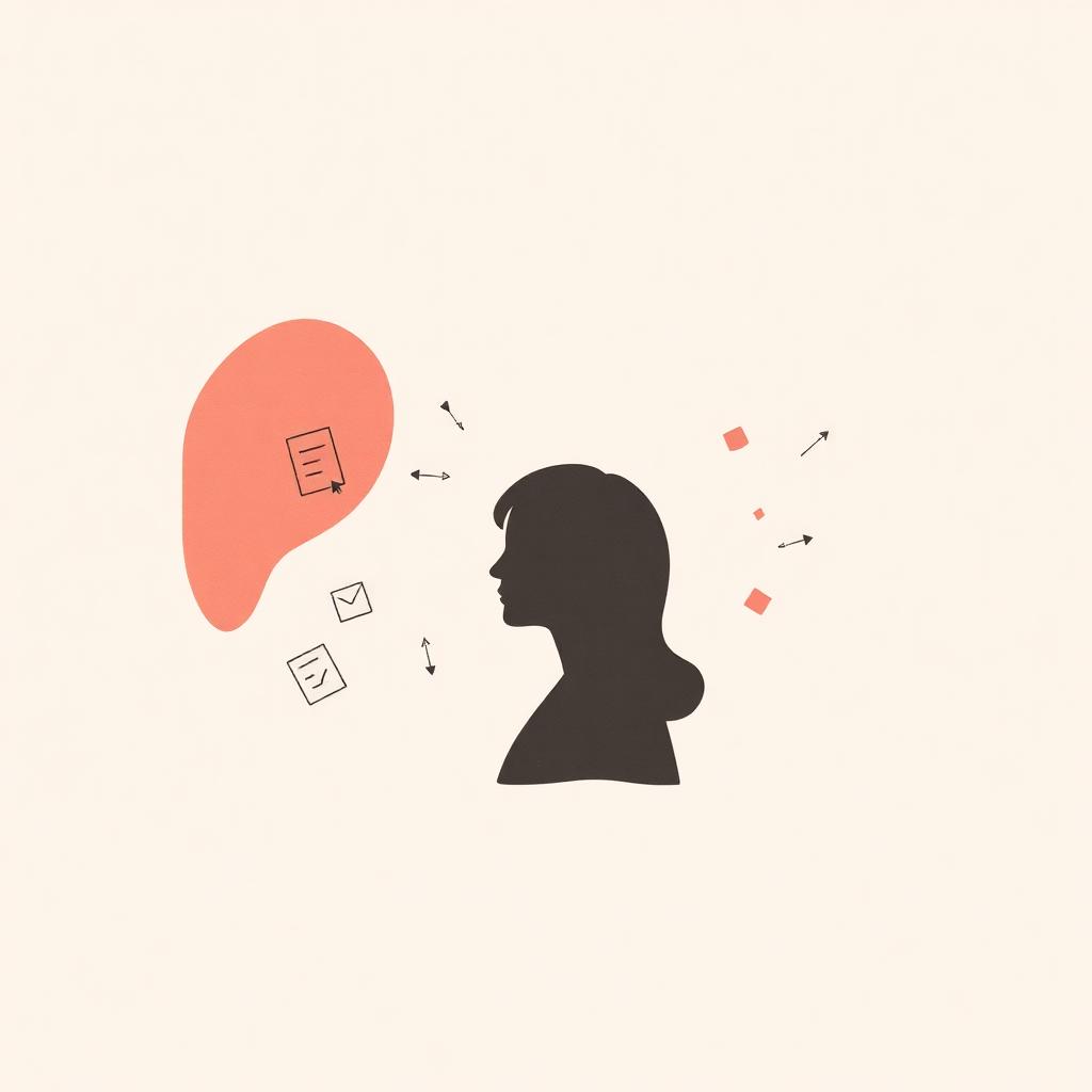 Ilustración editorial de un perfil de buyer persona con notas y datos flotando