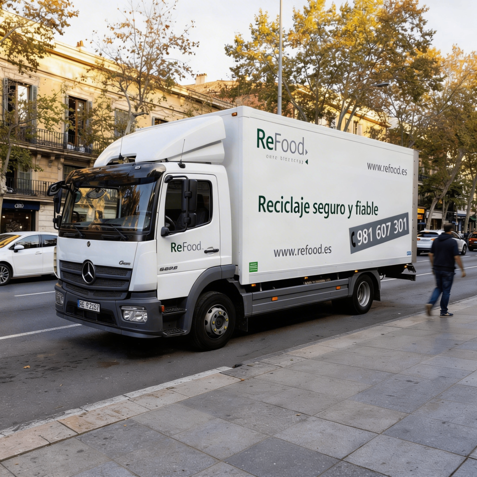 Camión ReFood en calle comercial con árboles otoñales