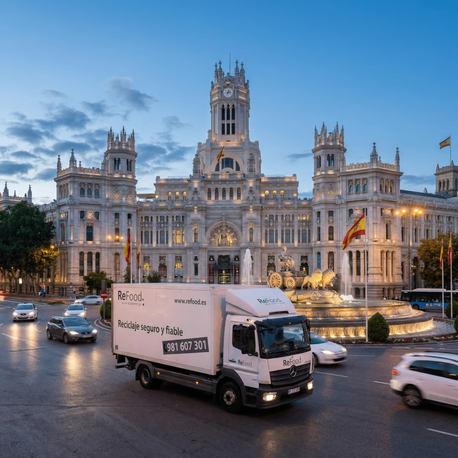 Camión ReFood frente al Palacio de Cibeles al atardecer